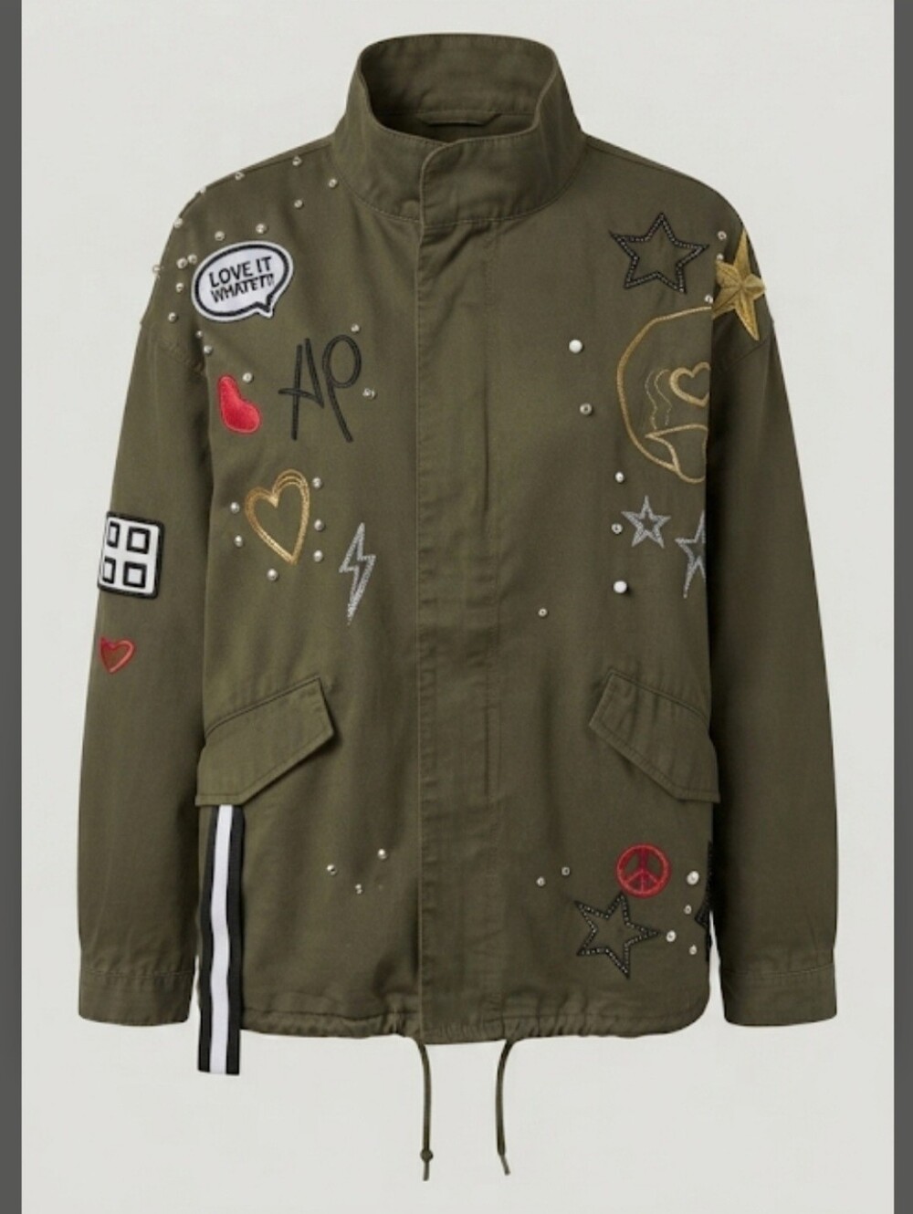 NWT SCRIPTED Olive Green Utility Cargo Jacket Patches Studs Military Size L $175